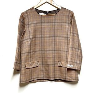 New Pendleton Tan Plaid Virgin Wool 3/4 Sleeve Womens Top Sz 14